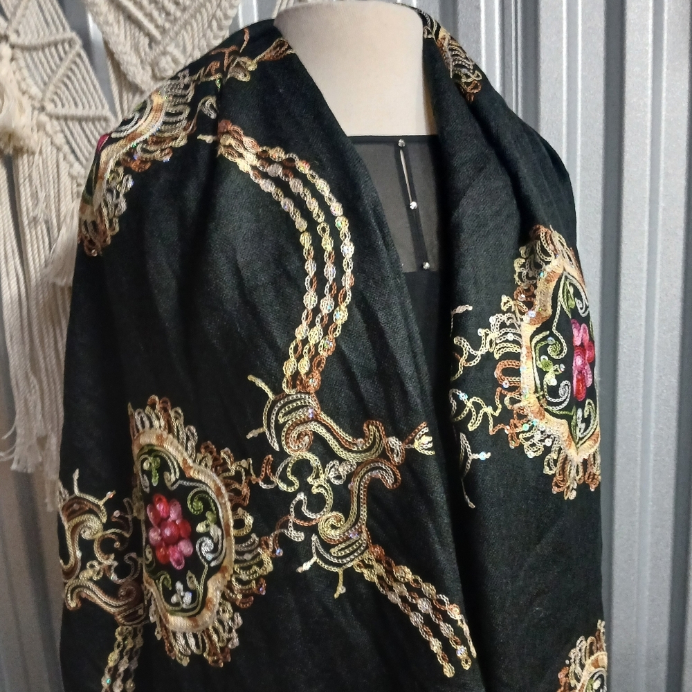 Elegant Black and Gold Emb Hand embroidered Pashima Scarf Shawl Or Table Liner